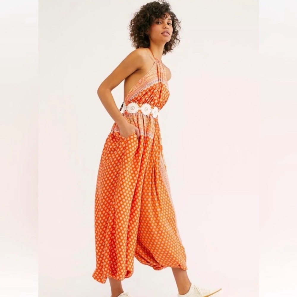intimately Free People Rising Sun Wide Leg Embroidered Printed Jumpsuit XS